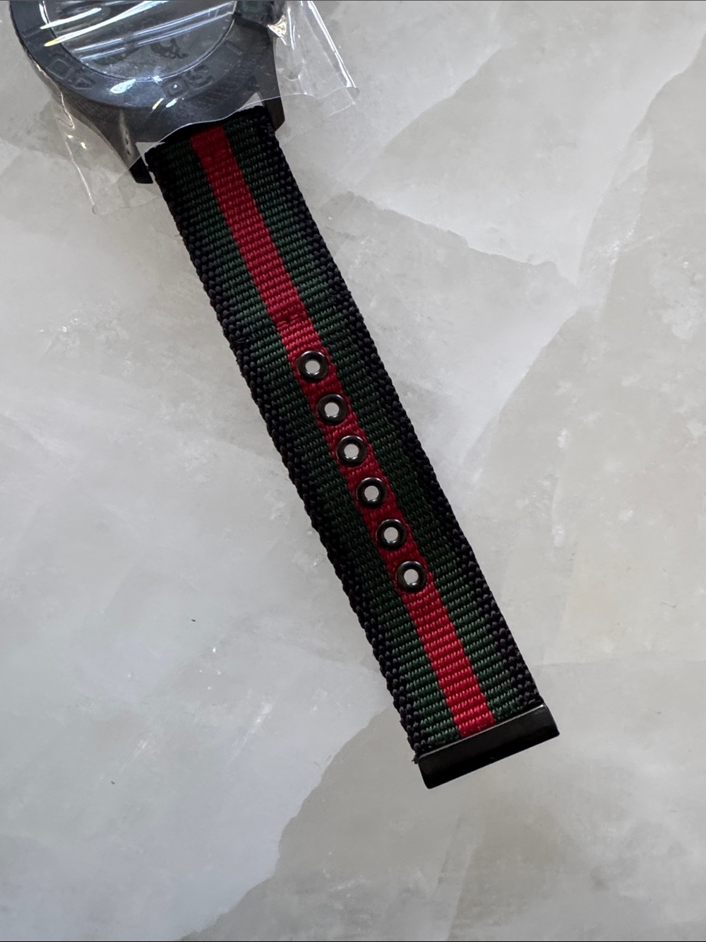 NIB Gucci Black Dial Watch with Green and Red Stripe Nylon Strap - Picture 5 of 7